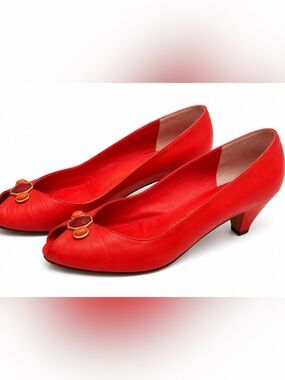Vintage Bruno Magli Red Leather Peep Toe Kitten Heel Pumps | Made in 🇮🇹